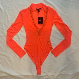🆕Orange Mesh Deep V Zipper Bodysuit